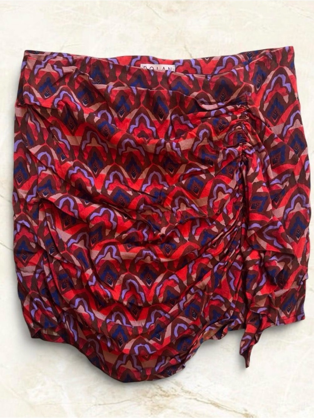 Anthropologie Dolan Tribal Ruched Ruffle Ikat Mind Skirt XL Red Purple Boho